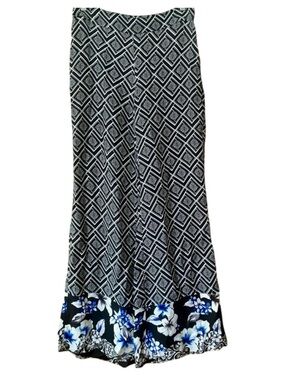White House Black Market Wide Leg Palazzo Pants Black White Blue Floral Border 4